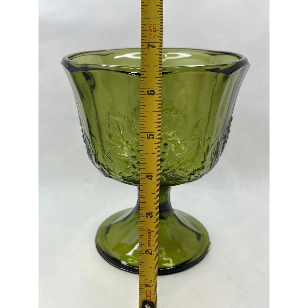 Vintage Indiana Glass Compote Candy Dish Embossed Harvest Grape Avocado Green‎